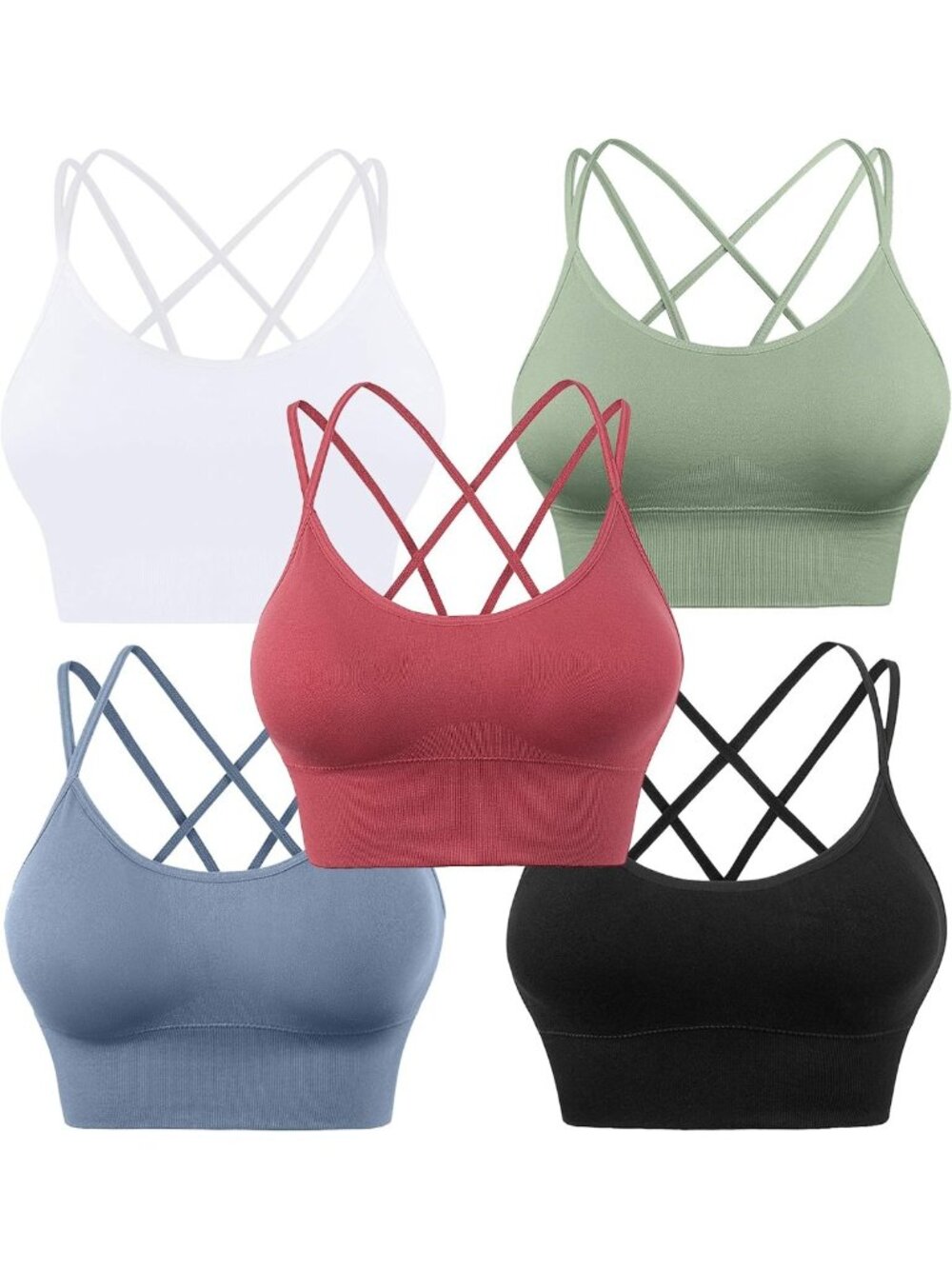 Padded Strappy Seamless Women's Cross Back Sport Bras, Low Impact 3-5 Pack